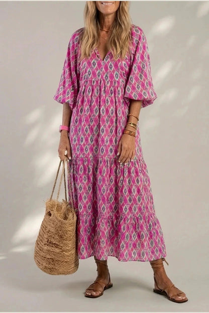 V Neck Tiered Maxi Smock Dress With Balloon Sleeves
