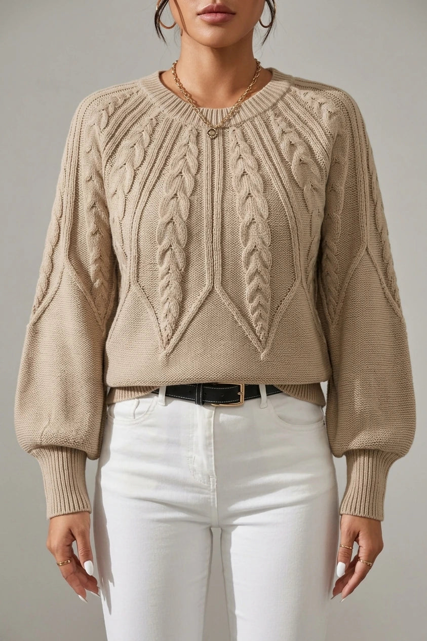 Women's Cable-Knit Cropped Jumper with Lantern Sleeves — variant_front