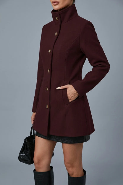 Fitted Wool Coat with Stand Collar and Flared Hem — variant_front