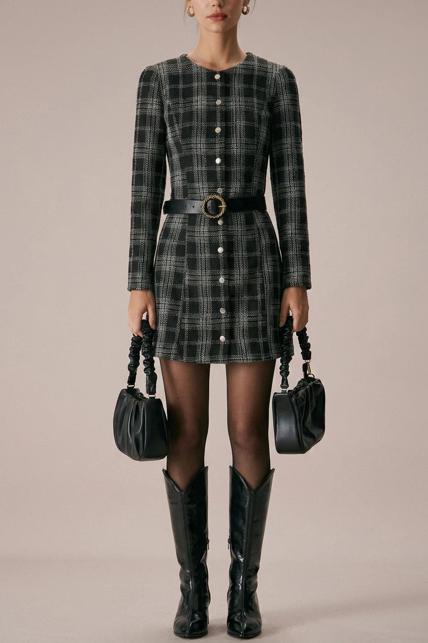 The Black Crew Neck Plaid A-Line Mini Dress — variant_front