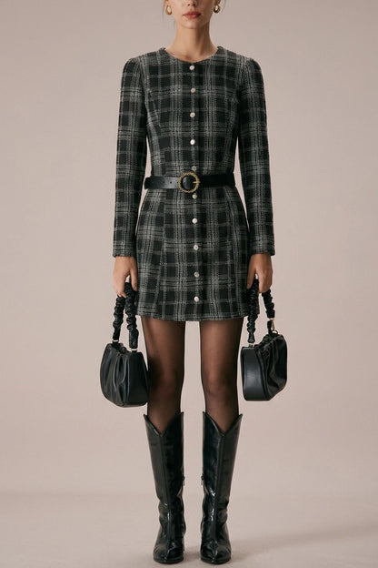 The Black Crew Neck Plaid A-Line Mini Dress — variant_front