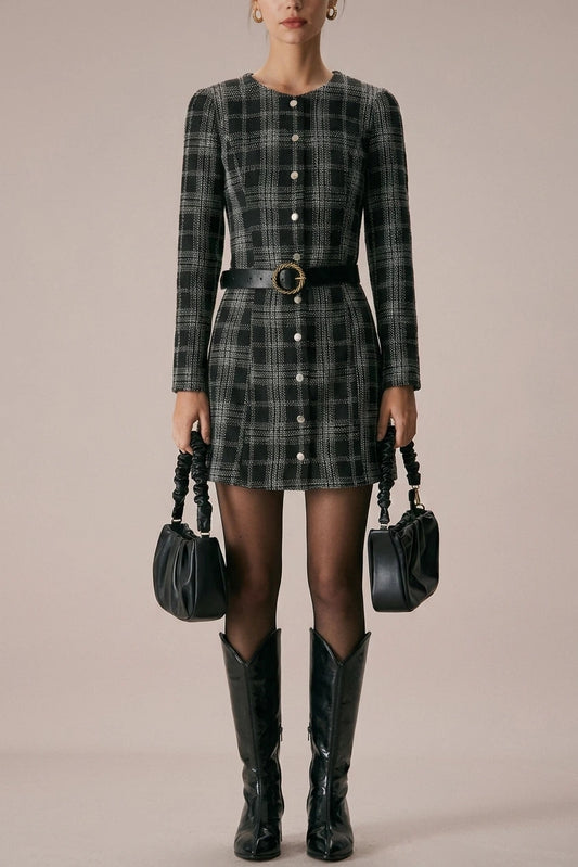 The Black Crew Neck Plaid A-Line Mini Dress — variant_front