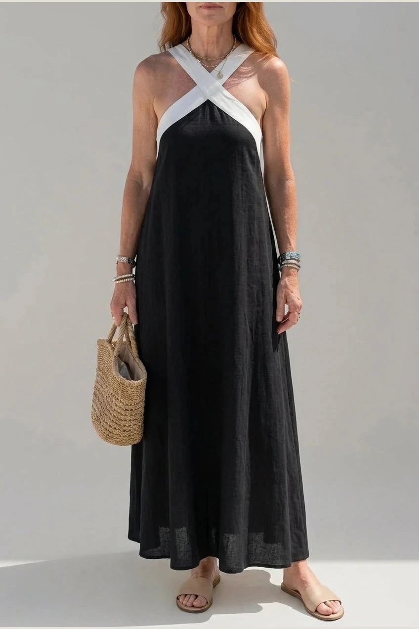 Crisscross Halter Neck Contrast Strap Sleeveless Maxi Dresses
