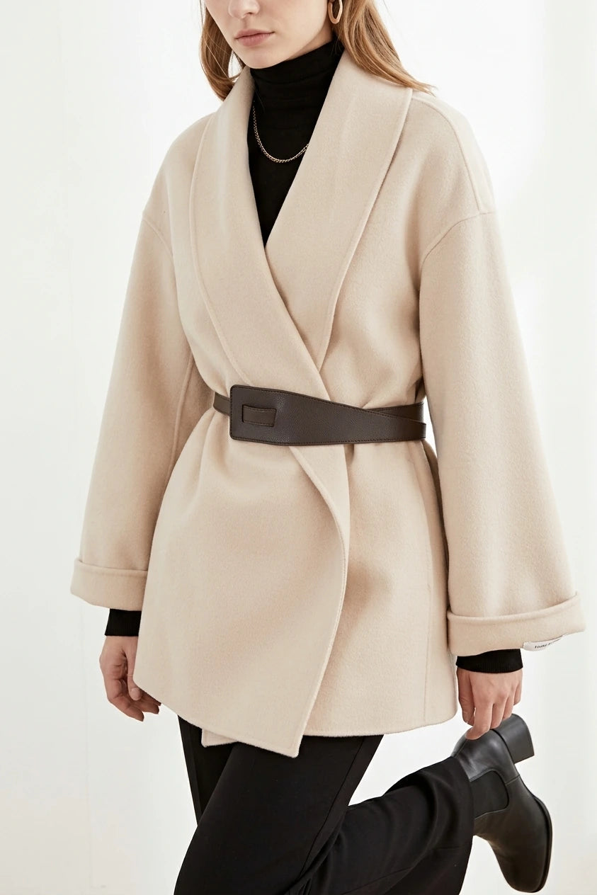 Women's Wrap Coat with Wide Lapel Collar and Tie Belt — variant_front