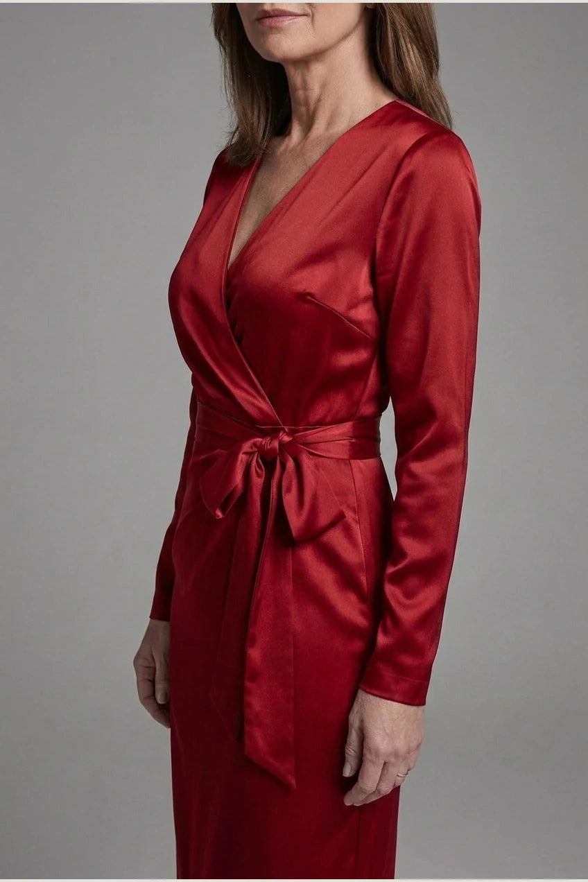 Satin Wrap Midi Dress With V-Neck Tie Waist And Long Sleeves