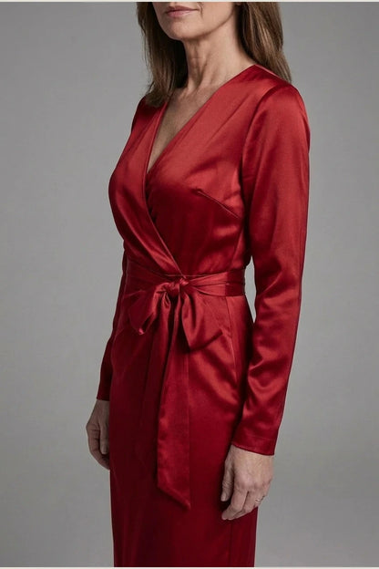 Satin Wrap Midi Dress With V-Neck Tie Waist And Long Sleeves