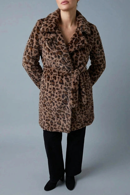 Animal Print Faux Fur Tie Waist Jacket, Belted Faux Fur Coat, Collared Jacket