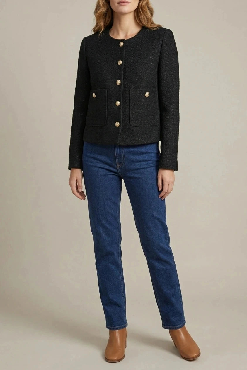 Minimalist Design Blazer Collarless Button-Front Patch Pocket Jacket
