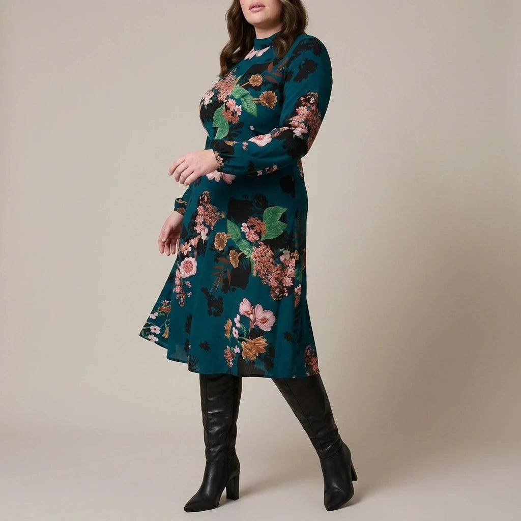 Floral High Neck Midi Dress With Long Sleeves And A-Line Skirt