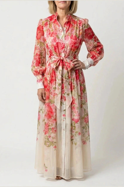 Floral Sheer Long Sleeve Maxi Dress With Tie Waist Button Front