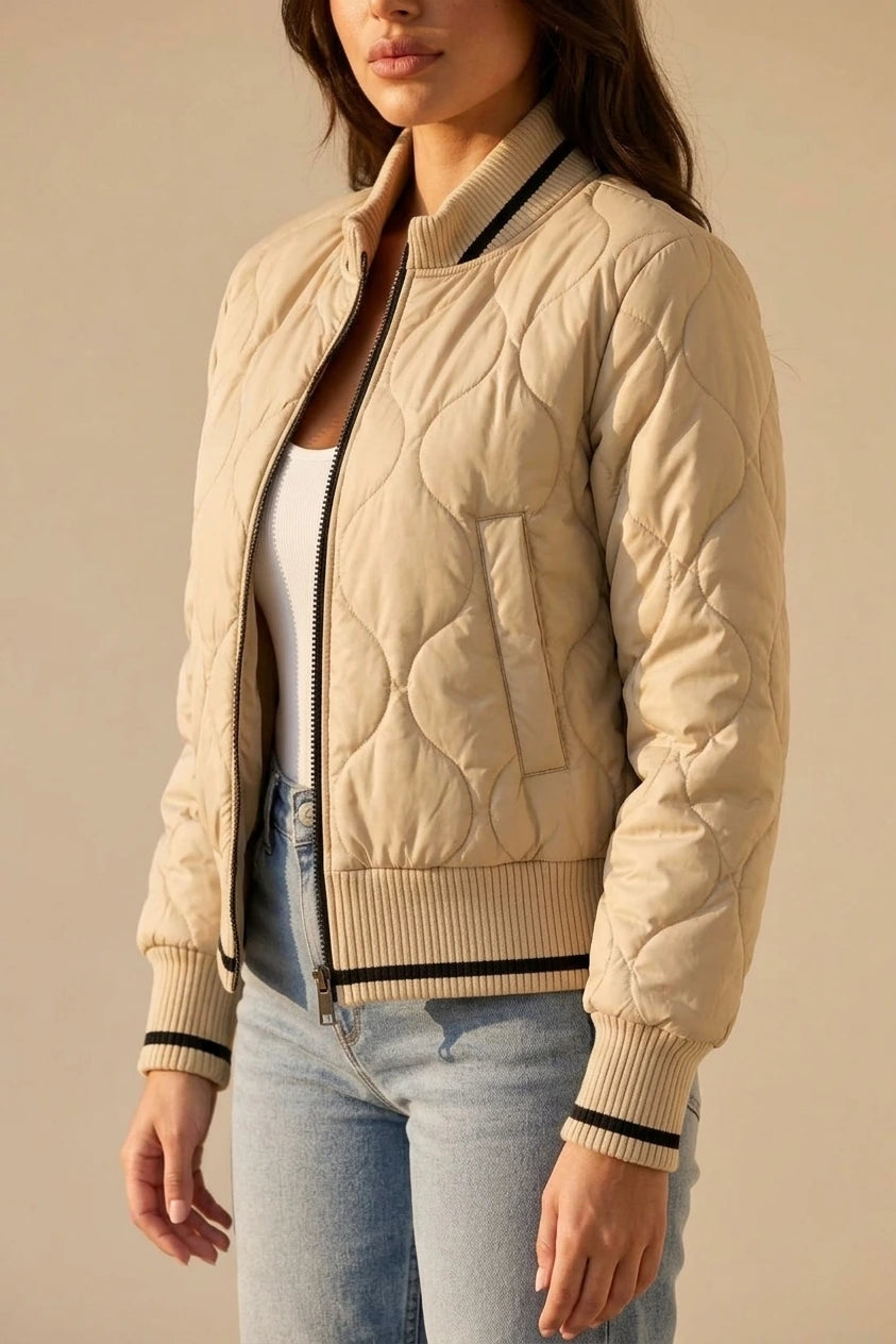Women’s Quilted Bomber Jacket – Ribbed High Neck Zip-Up Coat — variant_front