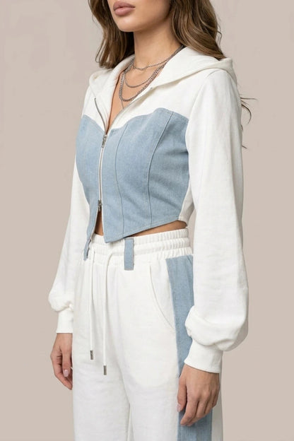 Cropped Zip Hoodie Wide Leg Sweatpants Denim Splice Two-Piece Hoodie & Sweatpant Set