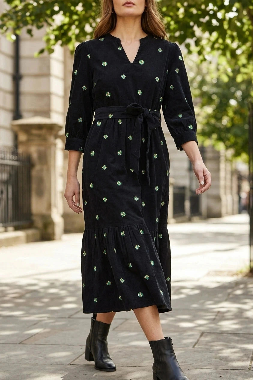Flower Embroidery Cord Midi Dress with Tie Waist and Puff Sleeves