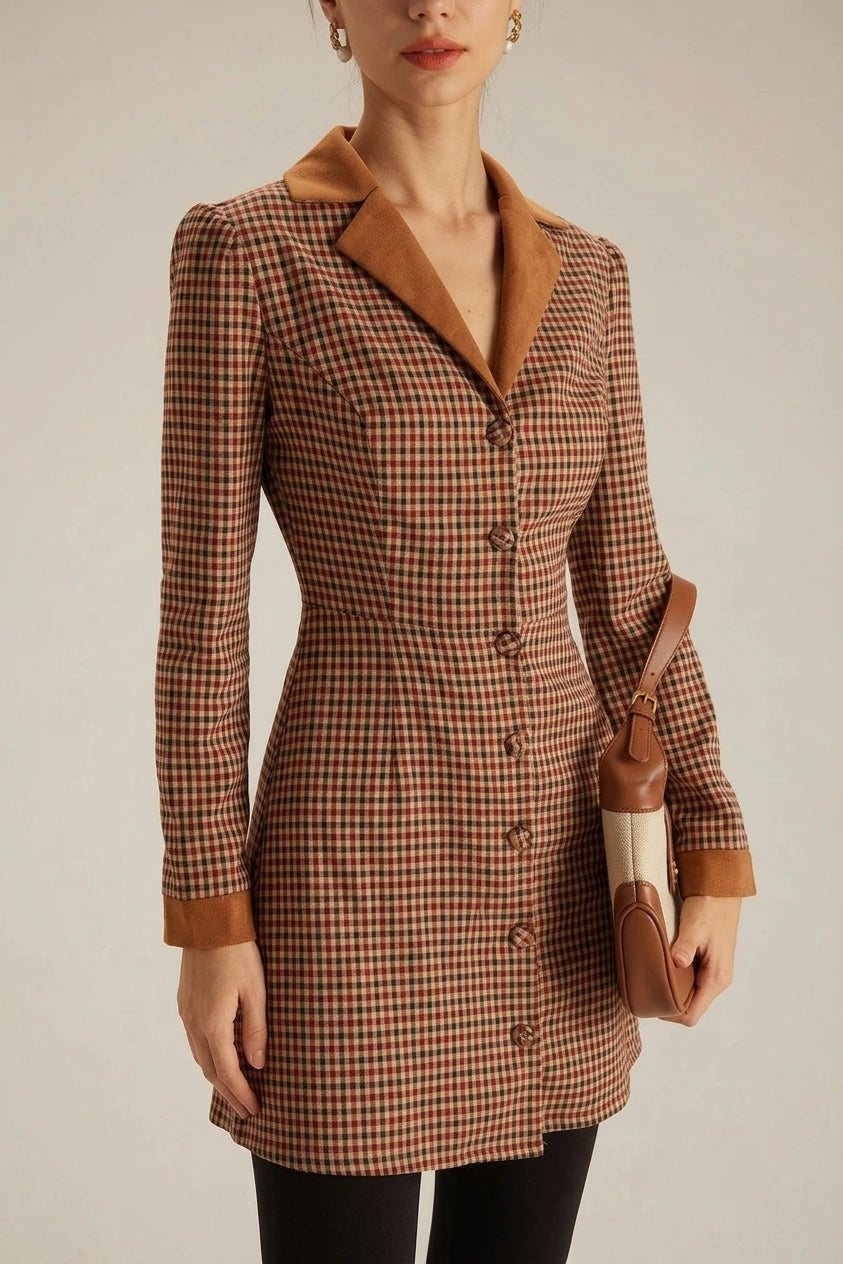 The Brown Plaid Spliced Suede Mini Dress — variant_front