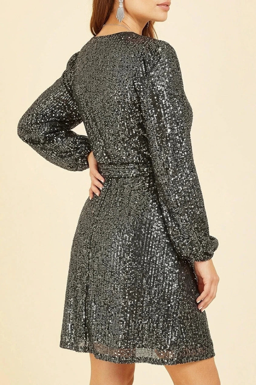 Belted Sequin Wrap V Neck Long Sleeve Dress