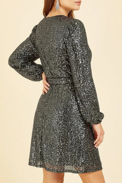 Belted Sequin Wrap V Neck Long Sleeve Dress