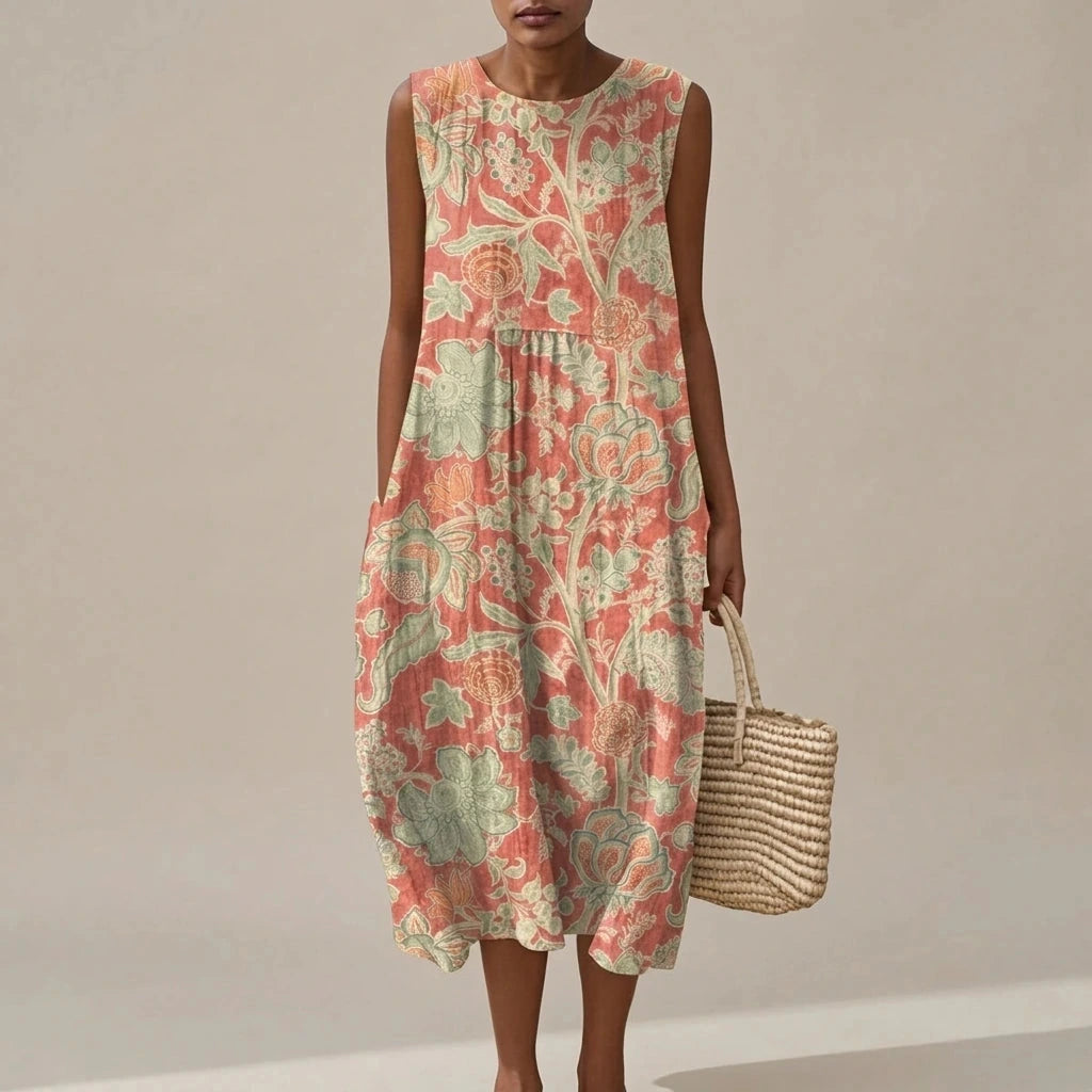 Sleeveless Dress With Premium Blend And Loose Fit — Midi With Pockets & Round Neck