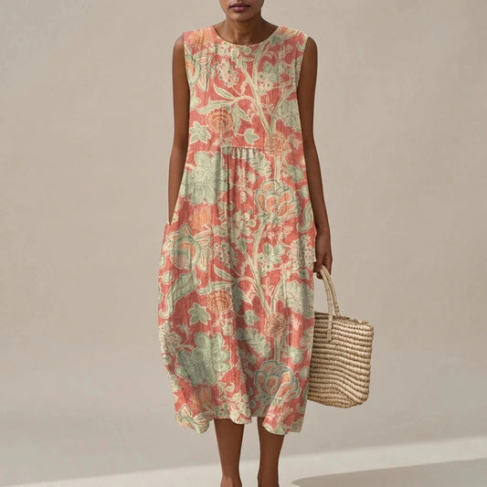 Sleeveless Dress With Premium Blend And Loose Fit — Midi With Pockets & Round Neck