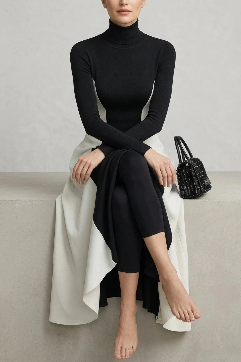 Sculpted Contrast Turtleneck Maxi Dress Fit-and-Flare Julia & Anne Dress Co