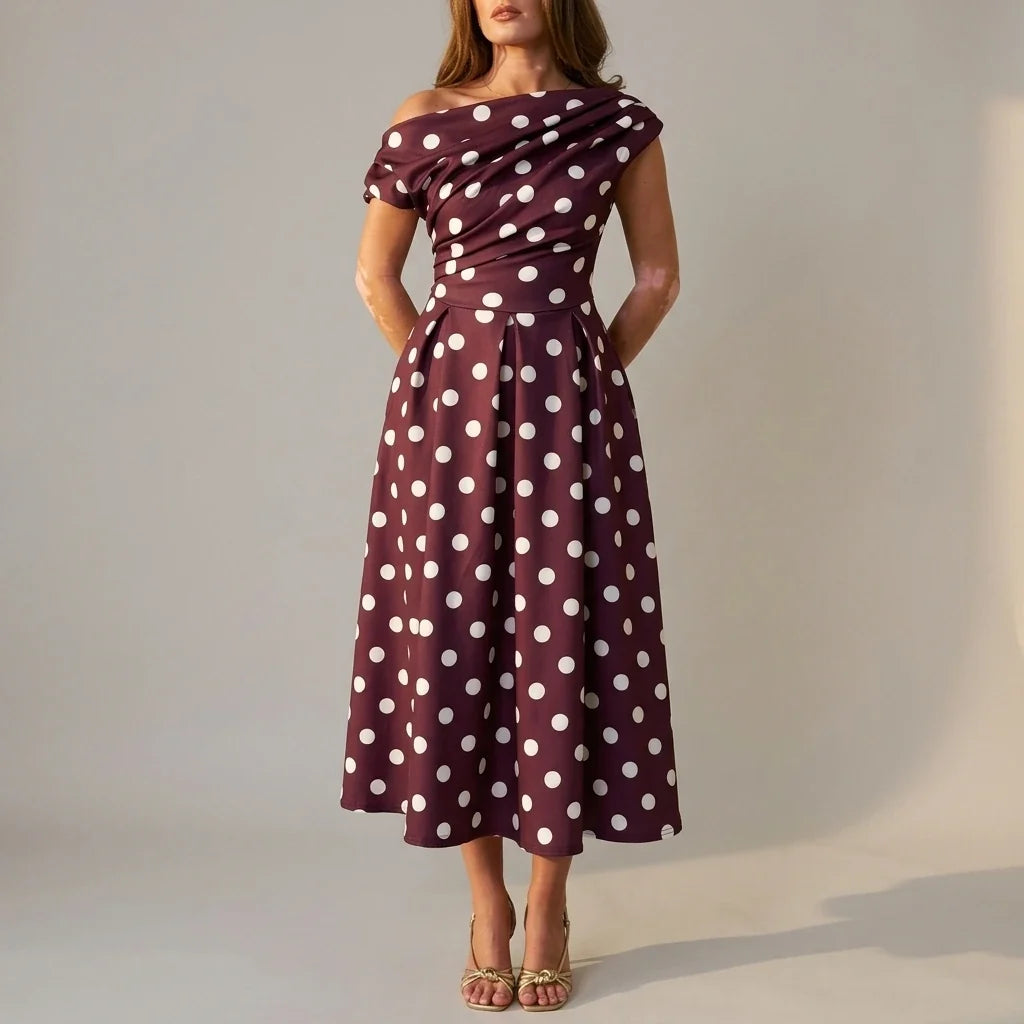 Betty Asymmetric Neckline Skater Midi Berry Polka — variant_front