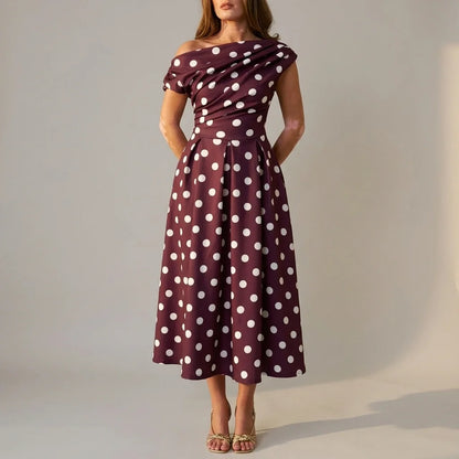Betty Asymmetric Neckline Skater Midi Berry Polka — variant_front