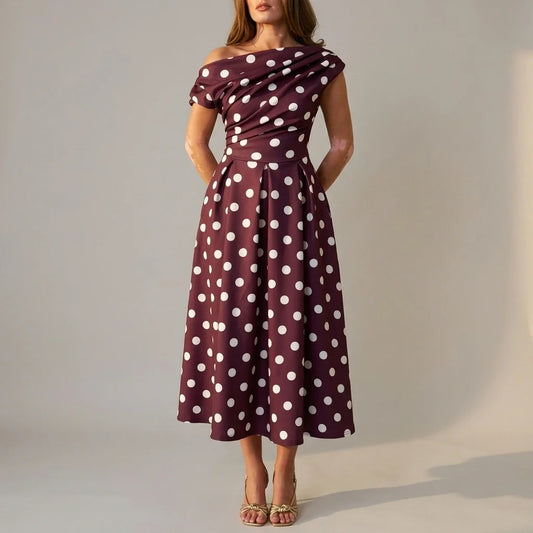 Betty Asymmetric Neckline Skater Midi Berry Polka — variant_front