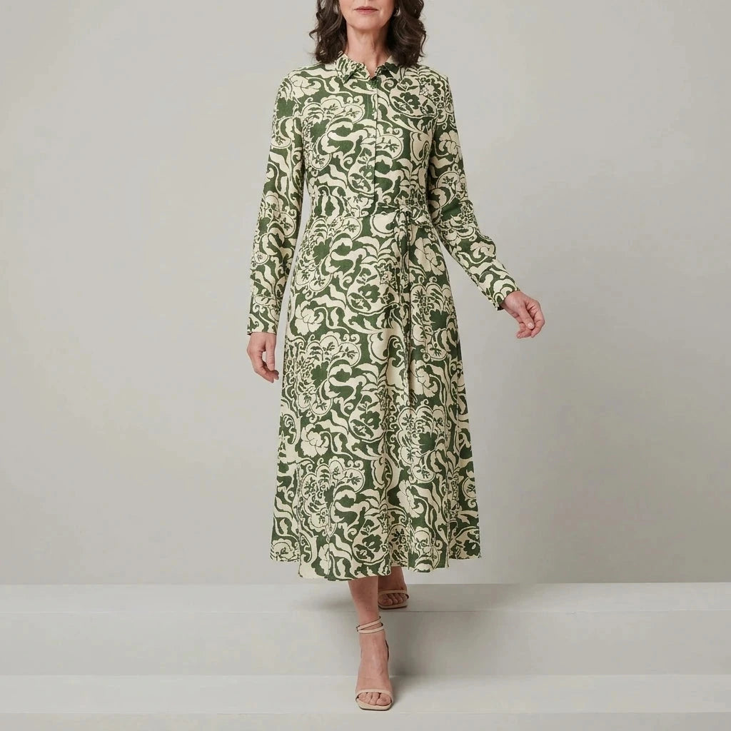 Collared Tie-Waist Printed Long Sleeve Shirt Midi Dress