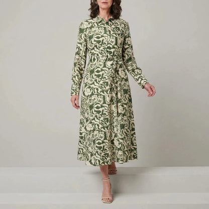 Collared Tie-Waist Printed Long Sleeve Shirt Midi Dress