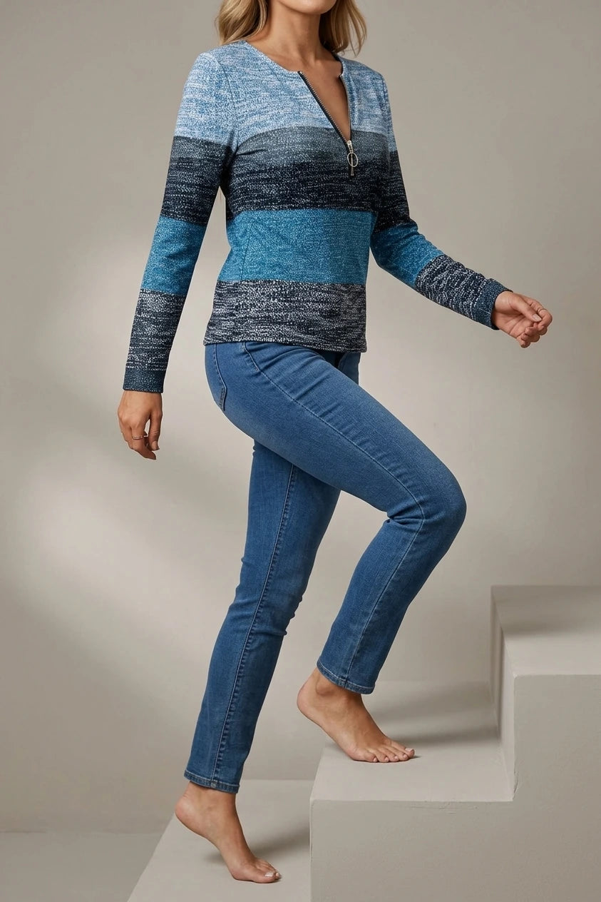 Striped Long Sleeve Top with Quarter Zip Neckline — variant_front
