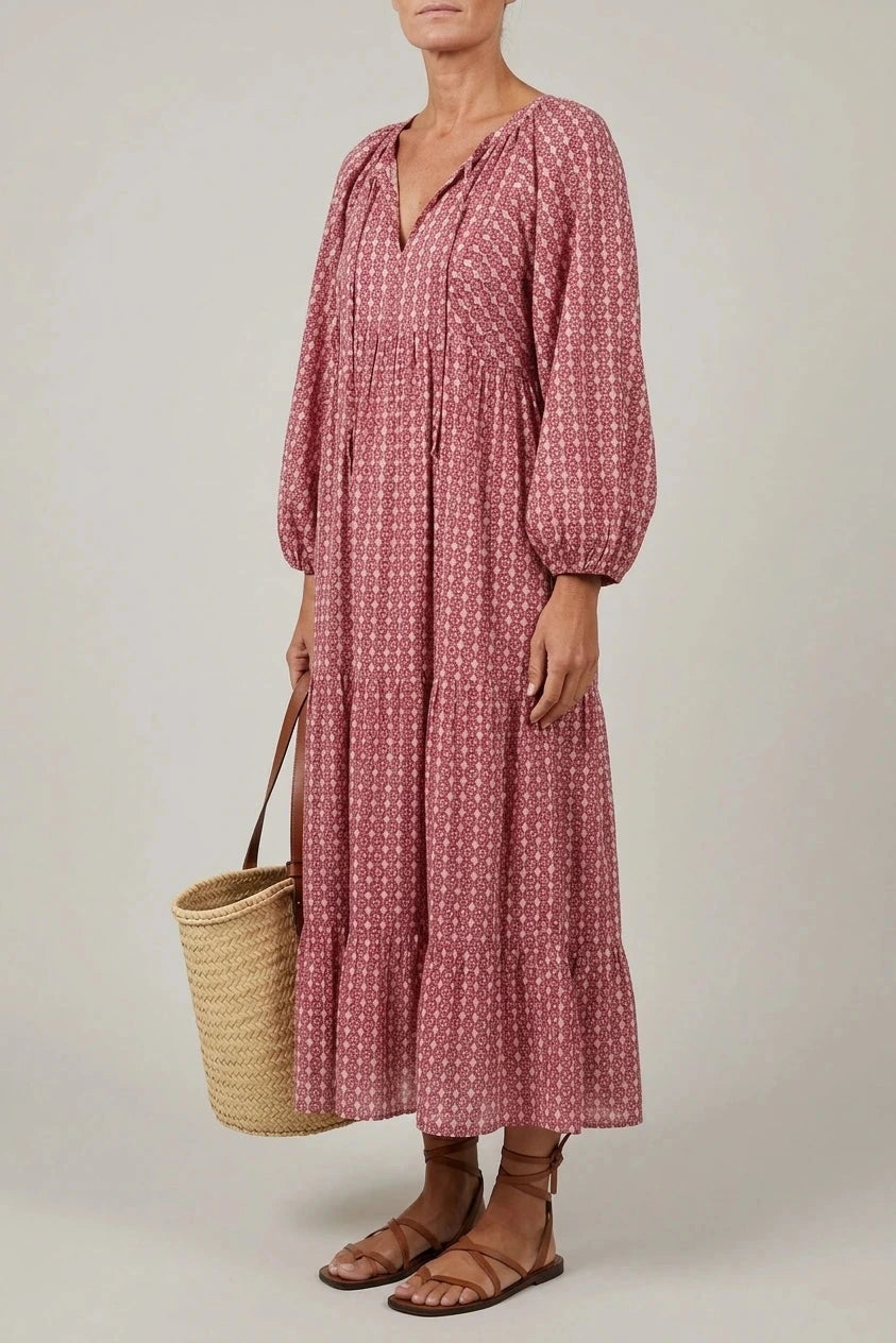 Geometric Print Long Sleeve Midi Dresses V-Neck Tiered Hem