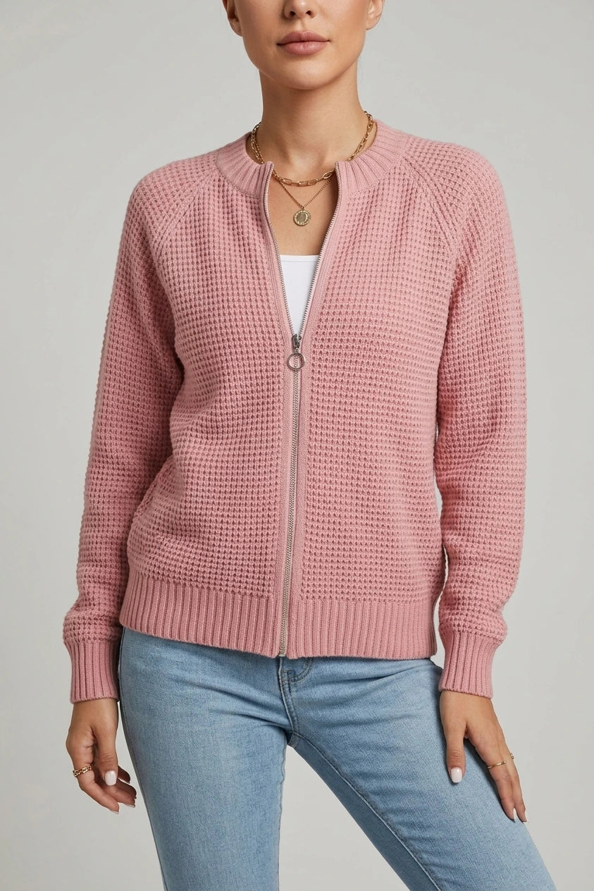 Women's Zip-Up Cardigan with Long Sleeves and Round Neck — variant_front