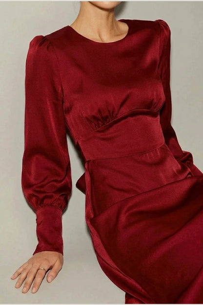 Wine Red Satin A-Line Midi Dress — variant_front