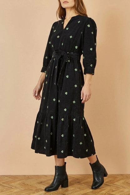 Flower Embroidery Cord Midi Dress with Tie Waist and Puff Sleeves