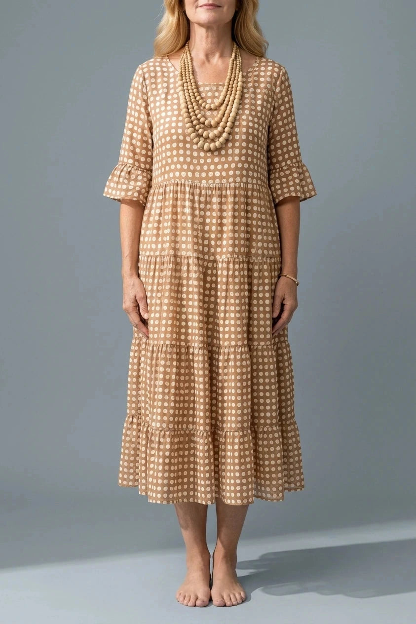Polka Dot Tiered Midi Dress With Short Ruffle Sleeves And Square Neck