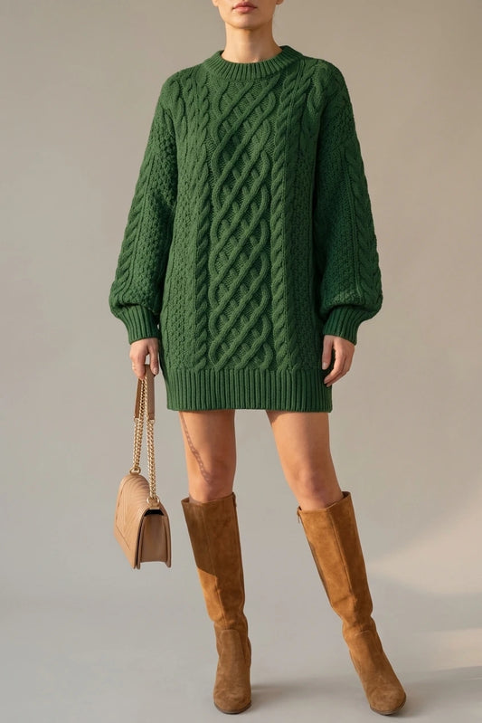 Cosy Oversized Cable Knit Sweater Dress with Puff Sleeves — variant_front