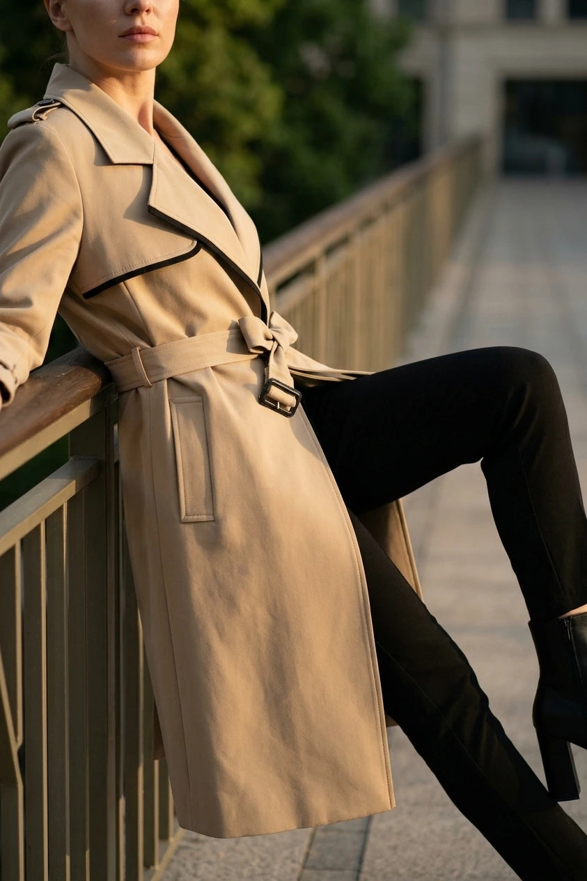 Women's Belted Trench Coat with Notched Lapel — variant_front