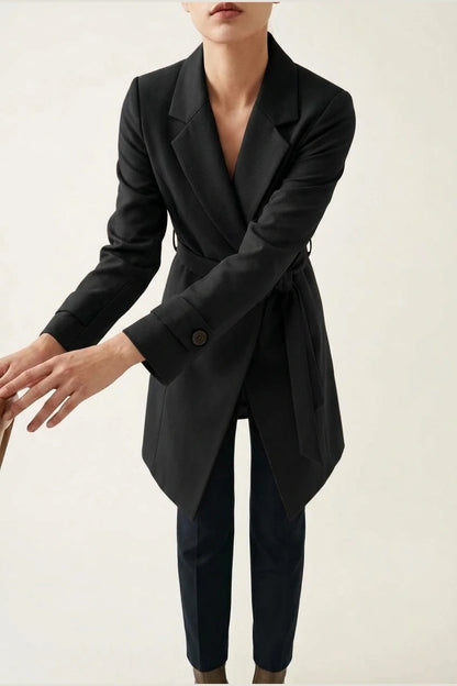 Women's Blazer Coat with Belt and Button Cuff Detail — variant_front
