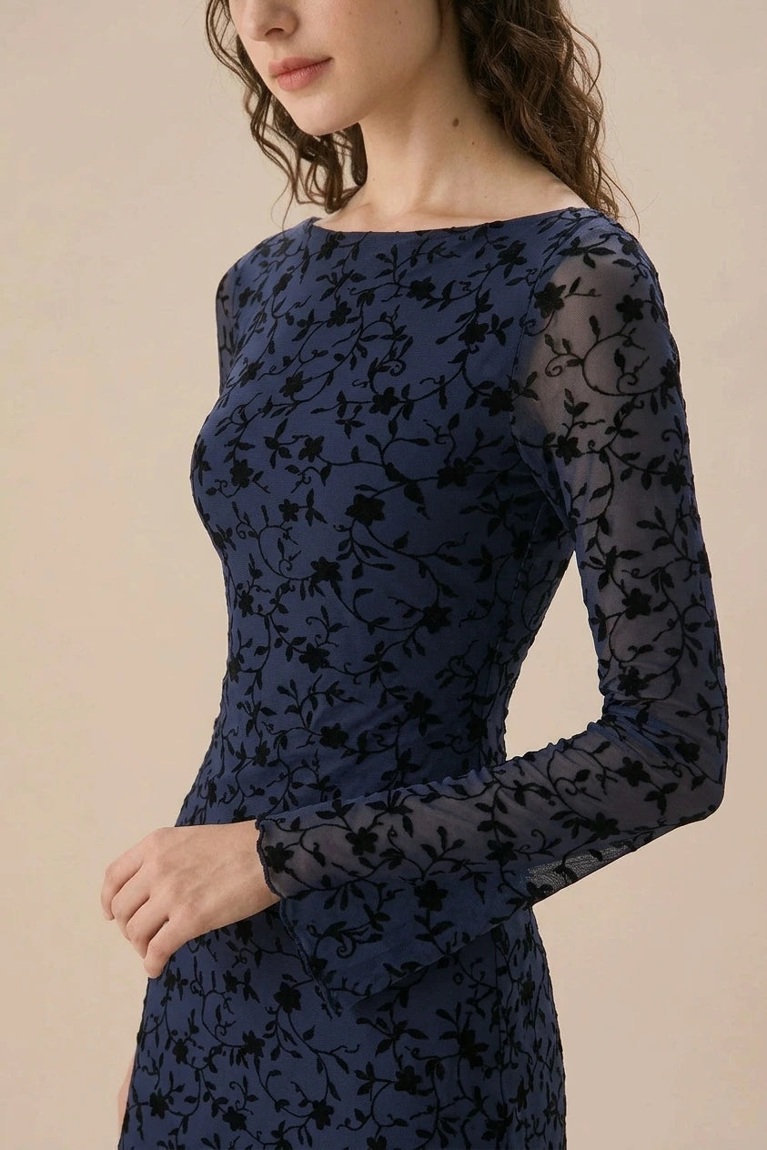Women's Blue See-through Long Sleeve Mini Dress — variant_front