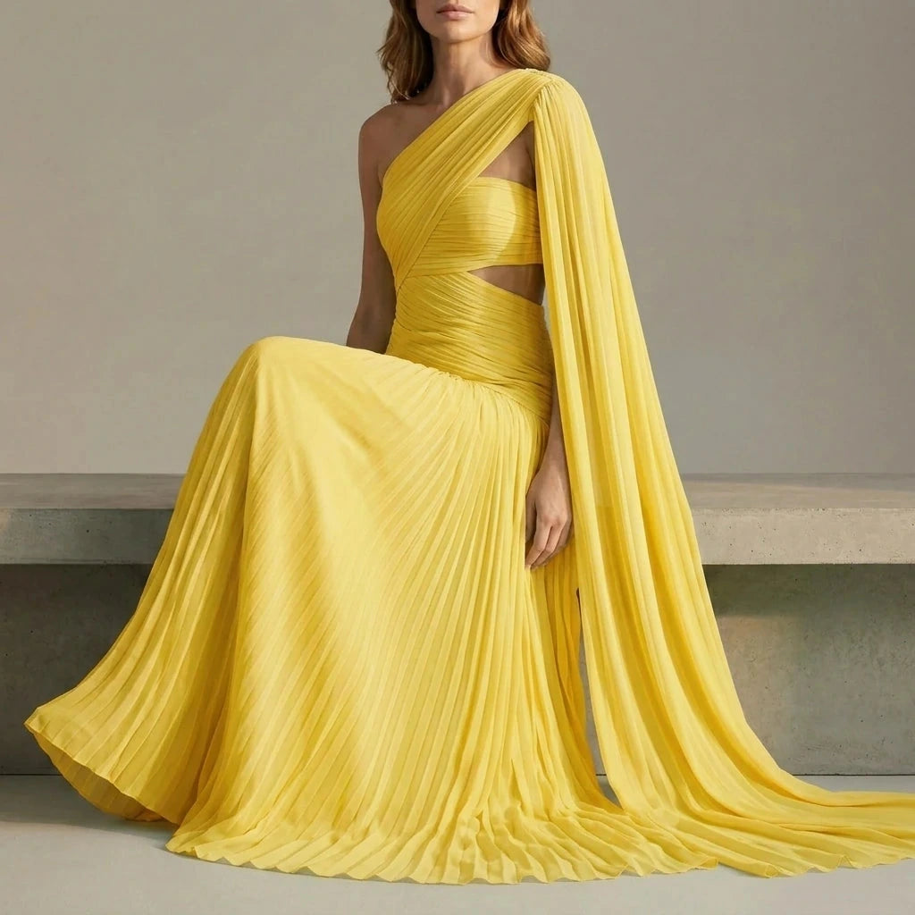 Ethereal Chiffon Drape Maxi Dress One-Shoulder Ruched Waist High Slit