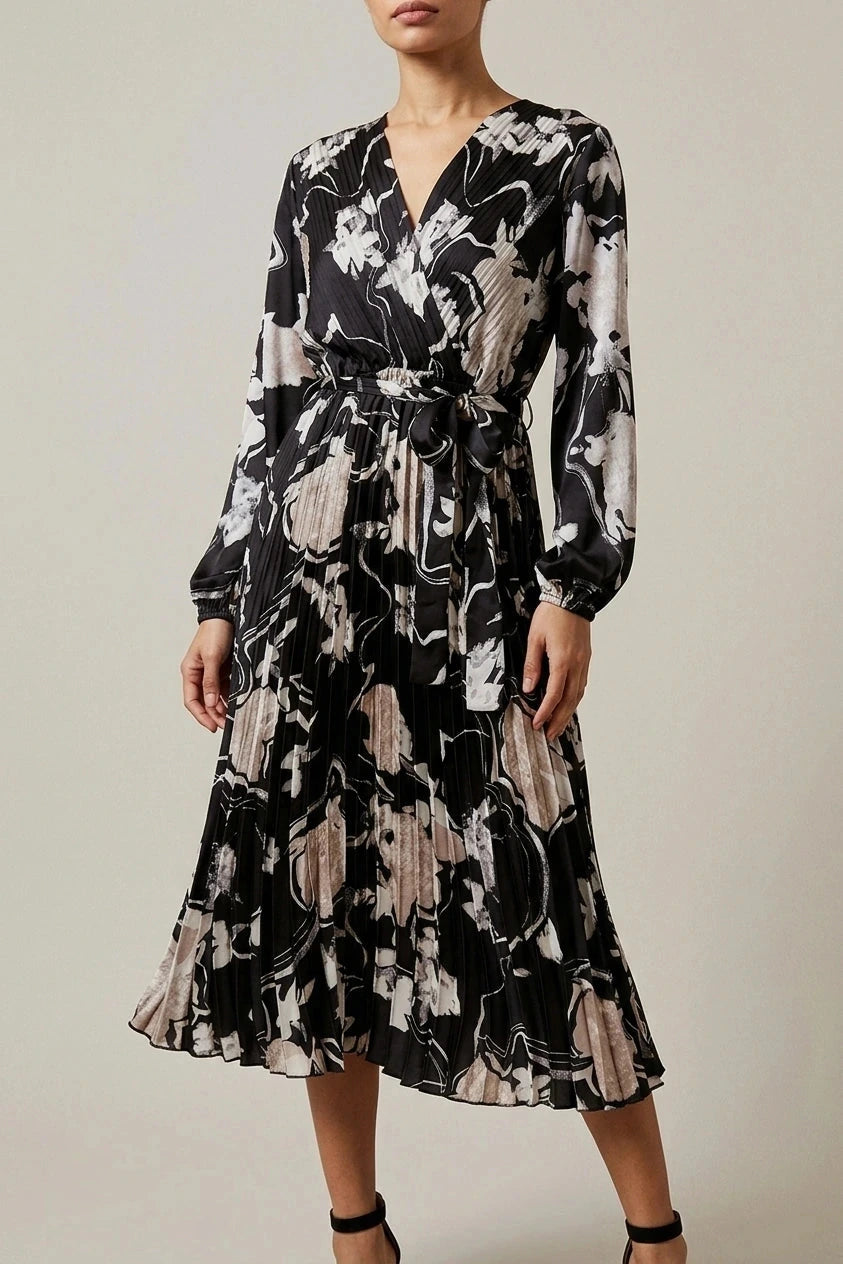 Floral Satin Pleated Midi Dress With Wrap Tie Waist V-Neck Long Sleeve