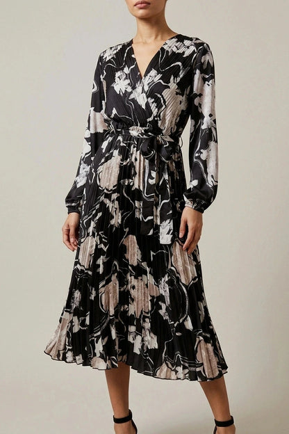 Floral Satin Pleated Midi Dress With Wrap Tie Waist V-Neck Long Sleeve