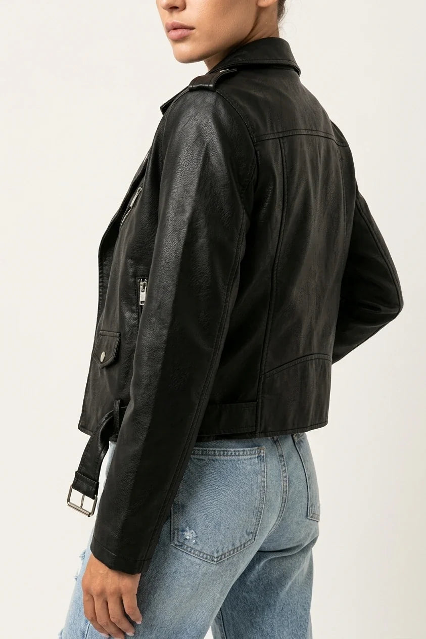 Black Faux Leather Biker Jacket with Asymmetric Zip and Belt — variant_front