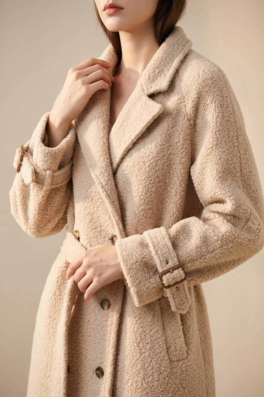Women's Belted Teddy Coat with Notched Collar — variant_front