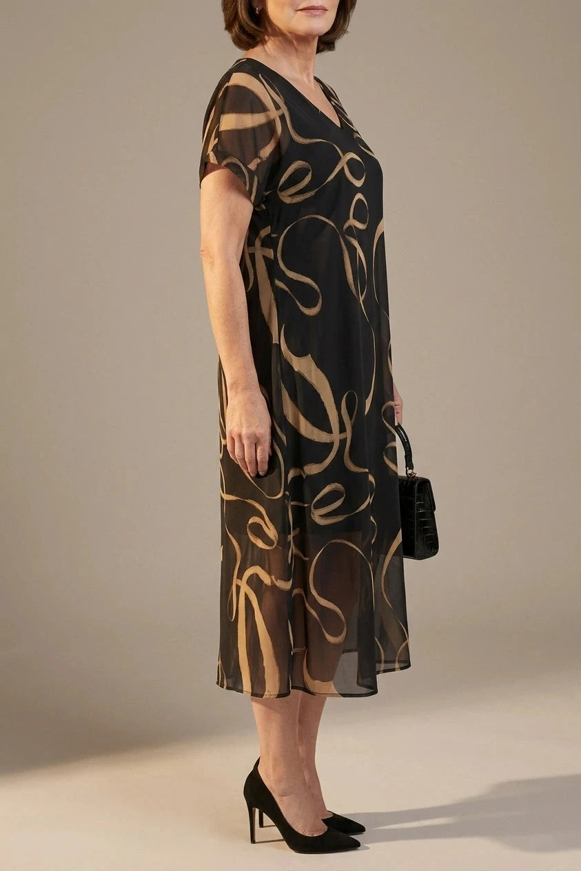 V Neck Short Sleeve Midi Dress With Abstract Print