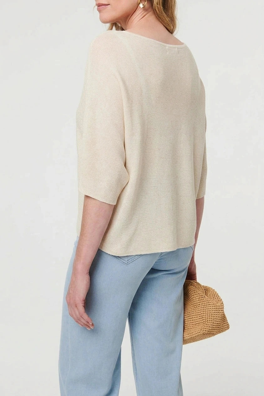 3/4 Sleeve Boxy Boat Neck Knit Top Lightweight Pullover