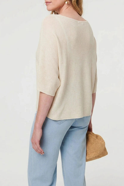 3/4 Sleeve Boxy Boat Neck Knit Top Lightweight Pullover