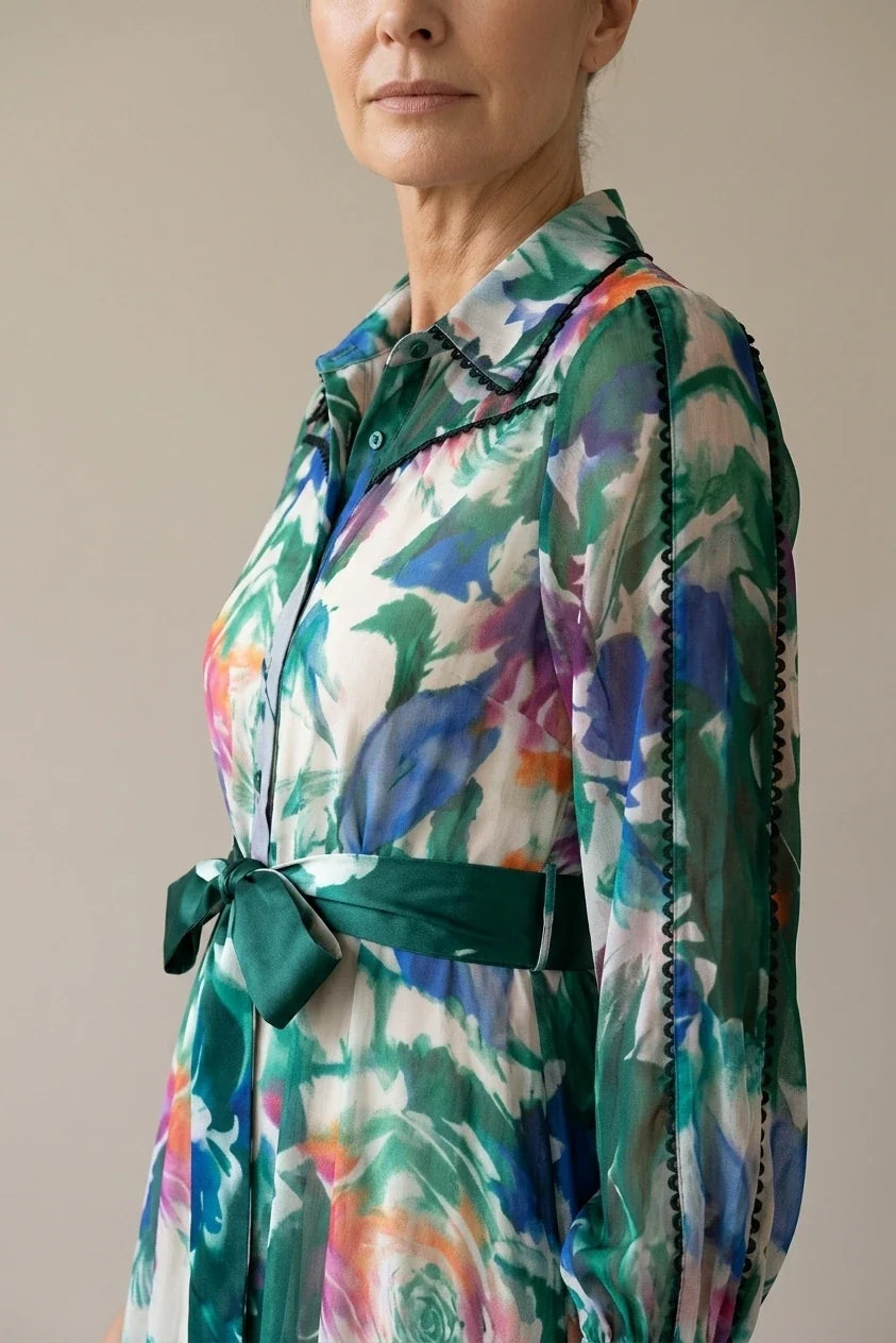 Carolina | Long Sleeve Printed Belted Maxi Dress — variant_front