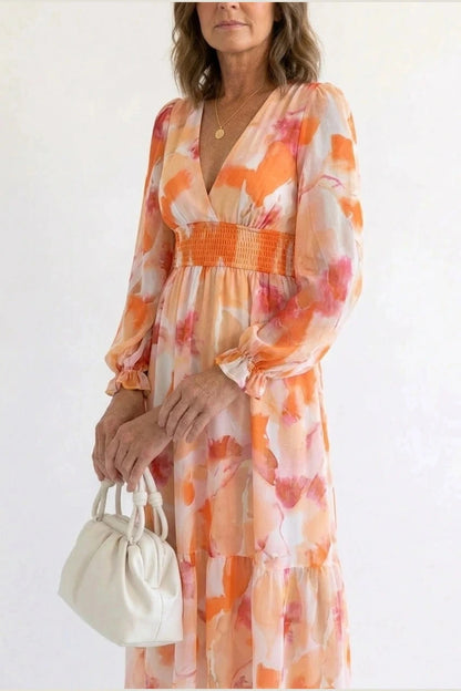 Printed Long Sleeve V-Neck Maxi Dress With Smocked Waist