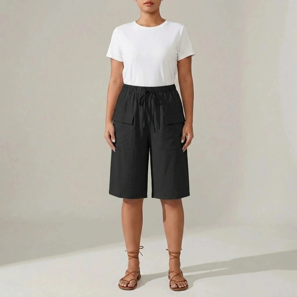 Bermuda Shorts With Elasticated Waistband And Adjustable Drawstring, Patch Pockets