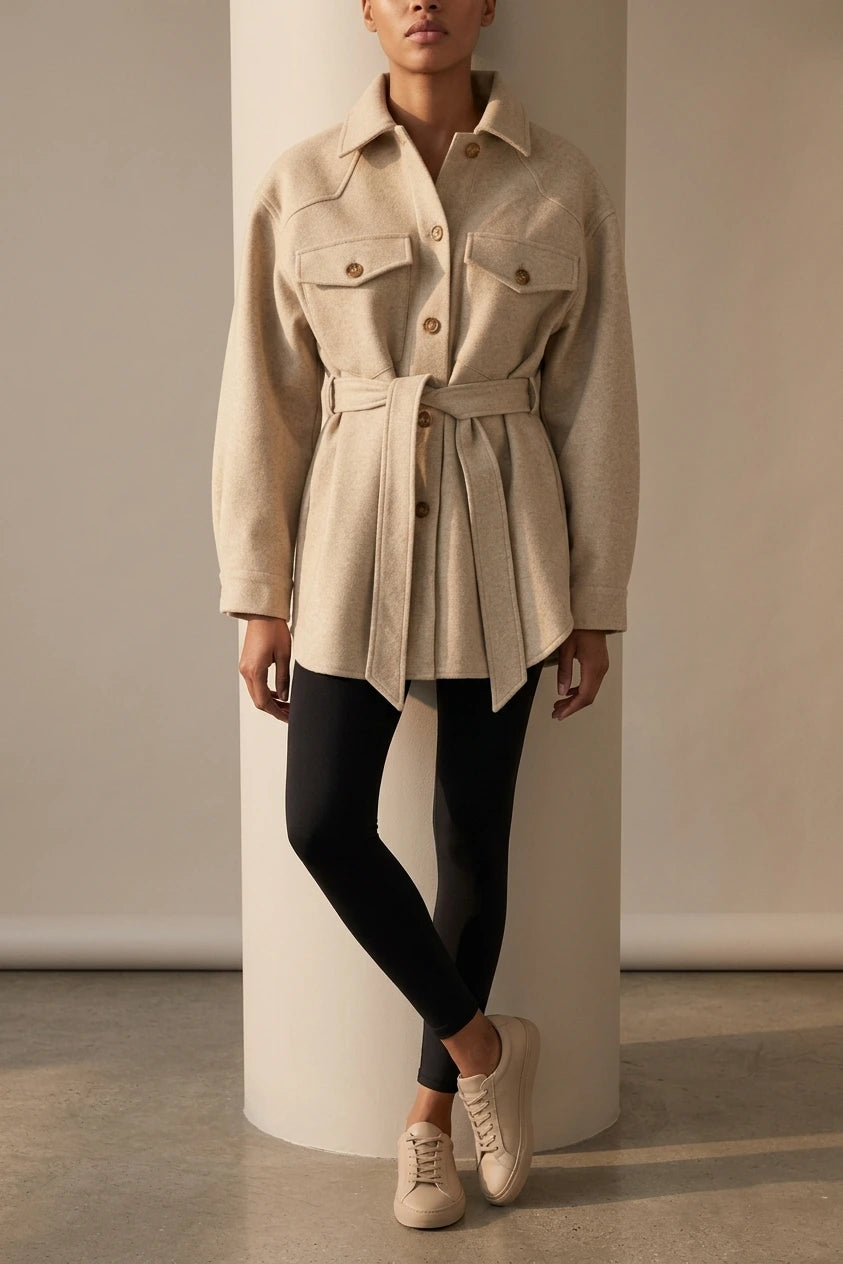 Women's Belted Shacket with Button Front and Chest Pockets — variant_front